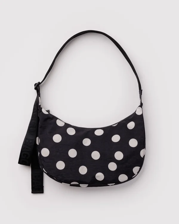 Medium Nylon Crescent Bag - Black And Cream Polka Dot - Material: heavyweight-nylon