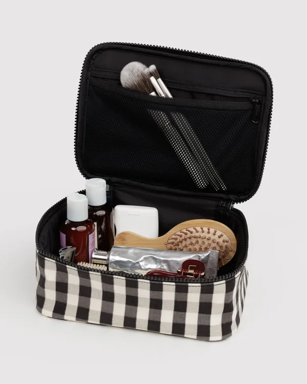 Small Cosmetic Case - Black And Cream Gingham - Material: heavyweight-nylon