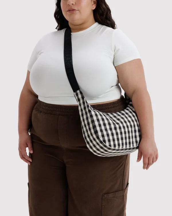 Medium Nylon Crescent Bag - Black And Cream Gingham
