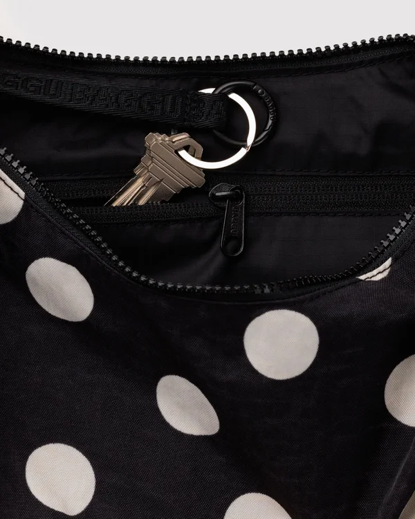Medium Nylon Crescent Bag - Black And Cream Polka Dot - Material: heavyweight-nylon